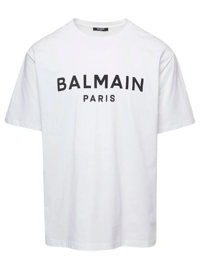 Balmain White Crew Neck T-shirt With Logo Print On The Chest In Cotton Man