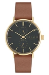 TED BAKER RECYCLED STAINLESS STEEL LEATHER STRAP WATCH, 41MM