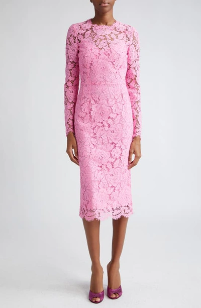 Dolce & Gabbana Floral Lace Long-sleeve Midi Dress In Pink