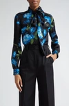 DOLCE & GABBANA BLUEBELL FLORAL PRINT TIE NECK SILK SATIN SHIRT WITH DETACHABLE APPLIQUÉ