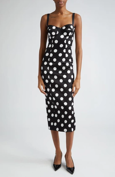 Dolce & Gabbana Corseted Polka-dot Satin Midi Dress In Black