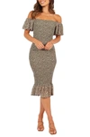 Petal And Pup Womens Claire Shirred Bodycon Off Shoulder Midi Dress In Green Floral