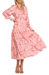 Petal And Pup Forever Print Long Sleeve Tiered Midi Dress In Pink