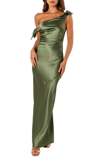 Petal And Pup Petal & Pup Selma One-shoulder Satin Gown In Olive