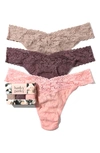 Hanky Panky Assorted 3-pack Lace Original Rise Thongs In Taupe/ Dusk/ Rosewater Pink