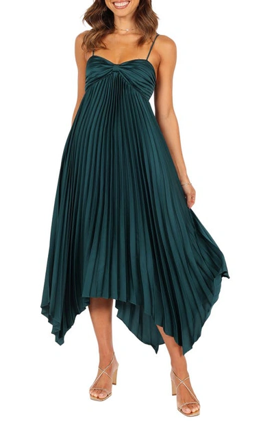 Petal And Pup Vikki Pleated Sleeveless Satin Maxi Dress In Emerald