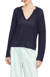 Vince Baja Textured Cotton Eyelet Pullover Sweater In Navy