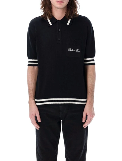 Balmain Logo-embroidered Striped Polo Shirt In Black