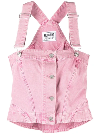 Moschino Jeans Denim Drill Suspender Crop Top In Pink