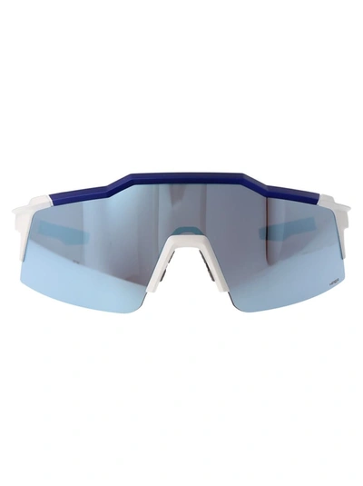 100% Sunglasses In Matte White/metallic Blue - Hiper Blue Multilayer Mirror Lens