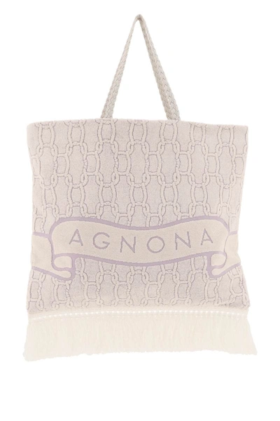 Agnona Cotton Tote Bag In White,purple