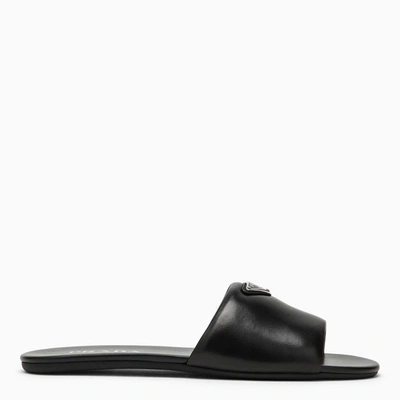 Prada Black Brushed Leather Slipper Sandals With Logo Triangle Women In Brown