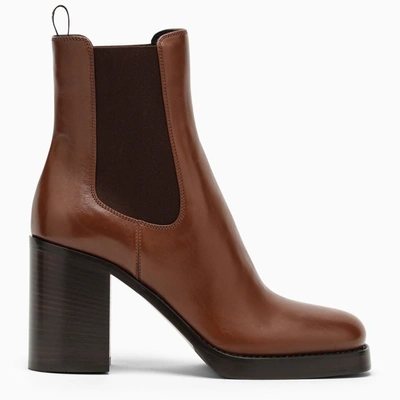 Prada Cognac Leather Ankle Boot Women In Camel