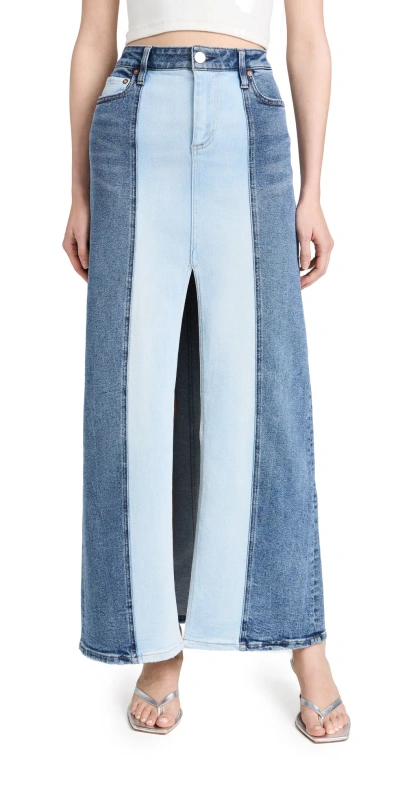 Alice And Olivia Rye Low-rise Two-tone Denim Skirt In Brooklyn Blue