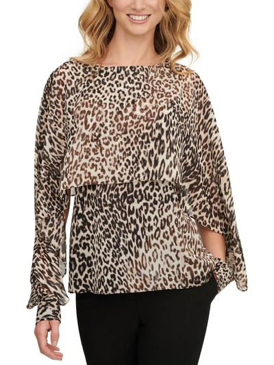 Dkny Petites Womens Metallic Animal Print Blouse In Multi