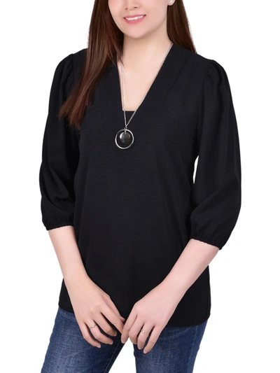 Ny Collection Petites Womens Knit V-neck Blouse In Black