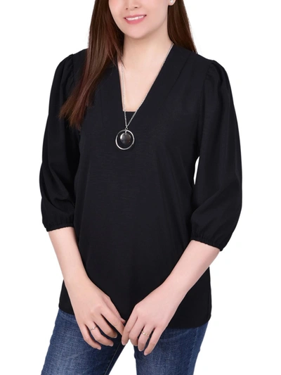 Ny Collection Petite Balloon Sleeve Pullover With Necklace In Black