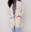 CHARLIE B FLUFFY BOUCLE CARDIGAN IN ALMOND