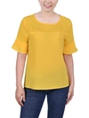 Ny Collection Petite Size Short Sleeve Crepe And Chiffon Top In Yellow