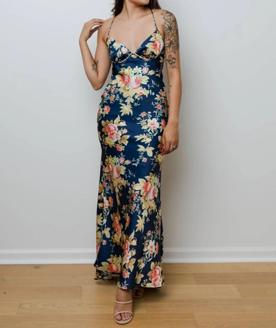 One And Only Collective Falling Fast Satin Maxi Dress In Navy Floral In Blue