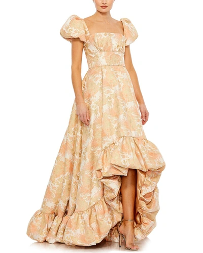 Mac Duggal Floral Print Puff Sleeve High Low Brocade Gown In Pink