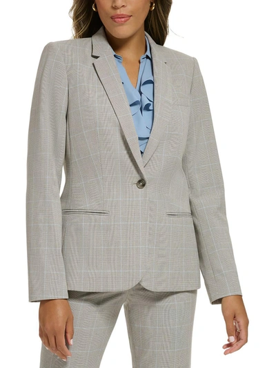Calvin Klein Petites Womens Woven Plaid One-button Blazer In Grey