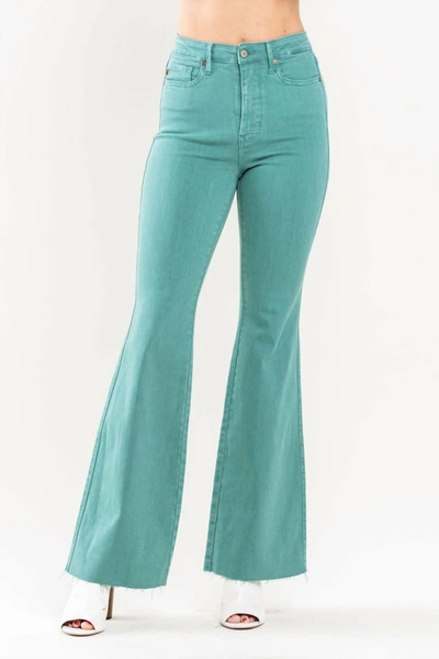 Judy Blue Raw Edge Flare High Rise Tummy Control Garment Dyed Jean In Topaz Green