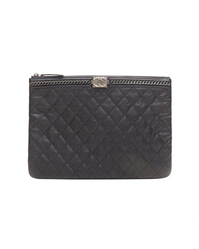 Pre-owned Chanel Large Boy O Case Black Quilted Leather Chain Trim Flat Pouch Clutch Bag