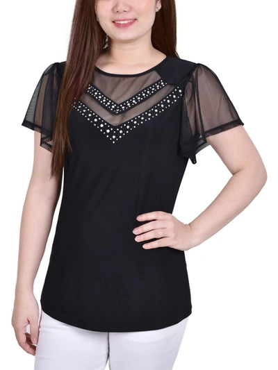 Ny Collection Petite Size Studded Short Flutter Sleeve Top In Black