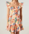 SUGARLIPS THE SAINT LUCIA FLORAL SWEETHEART RUFFLE MINI DRESS IN BLUE YELLOW CORAL
