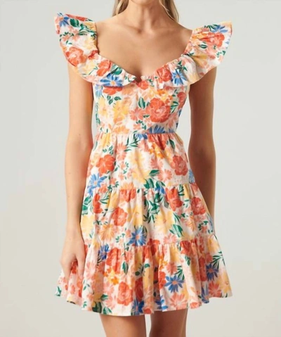 Sugarlips The Saint Lucia Floral Sweetheart Ruffle Mini Dress In Blue Yellow Coral In Multi