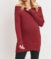 Hello Miz Puff Shoulder Ribbed Maternity Mock Neck Top In Burgundy In Red