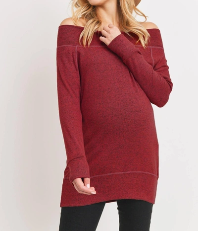 Hello Miz Puff Shoulder Ribbed Maternity Mock Neck Top In Burgundy In Red