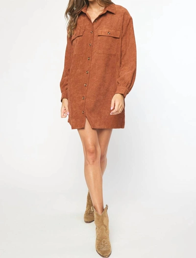 Entro Corduroy Collared Button Up Dress In Cinnamon In Brown