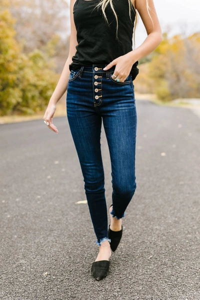 Kancan Buttons + Fringe High Rise Jeans In Dark Wash In Blue