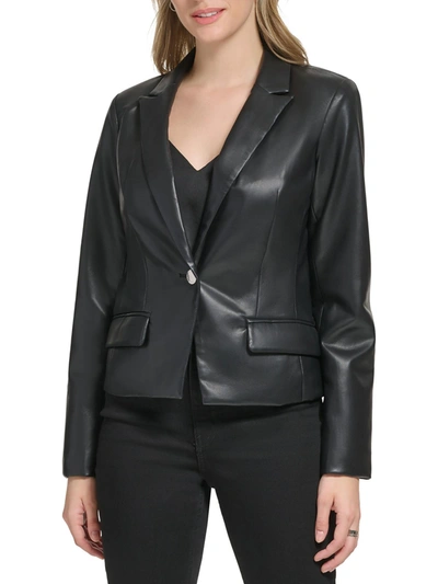 Calvin Klein Womens Faux Leather Dressy One-button Blazer In Black