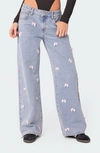 Edikted Lucille Low Rise Satin Bow Jeans In Light Blue In Light-blue