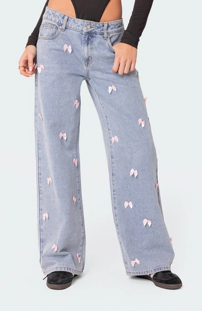 Edikted Lucille Low Rise Satin Bow Jeans In Light Blue In Light-blue
