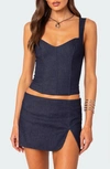 Edikted Jemma Lace-up Denim Corset Crop Top In Dark-blue