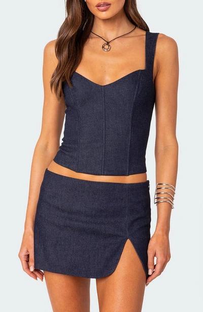 Edikted Jemma Lace-up Denim Corset Crop Top In Dark-blue