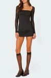 Edikted Maia Sheer Long Sleeve Minidress In Black