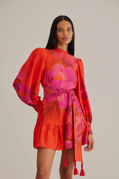 Farm Rio Red Peony Long Sleeve Mini Dress In Peony Red