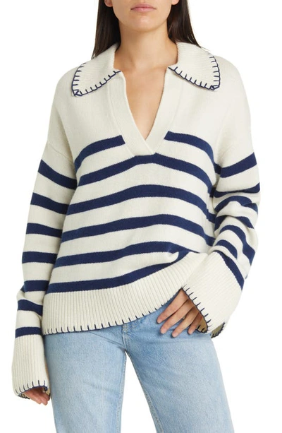 Rails Athena Collared V-neck Sweater In Ivory Navy Stripe