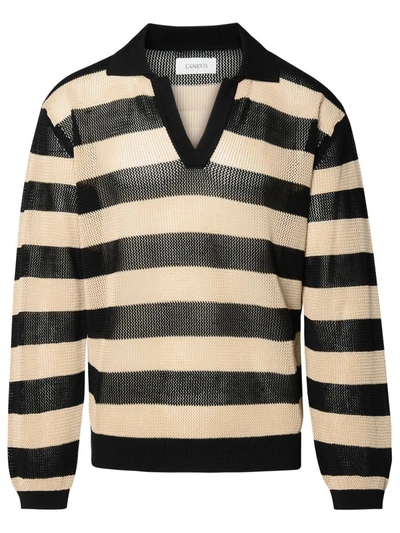 Laneus Mesh Polo Shirt Long Sleeves Man Beige And Black Striped Mesh Knitted Polo Shirt