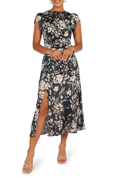 Petal And Pup Lisbeth Floral Cap Sleeve Satin Midi Dress In Green Floral