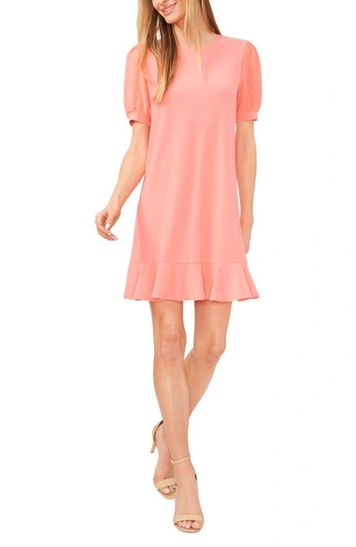 Cece Women's Mixed Media Puffed Clip Dot Short Sleeve Dress In Cameo Coral