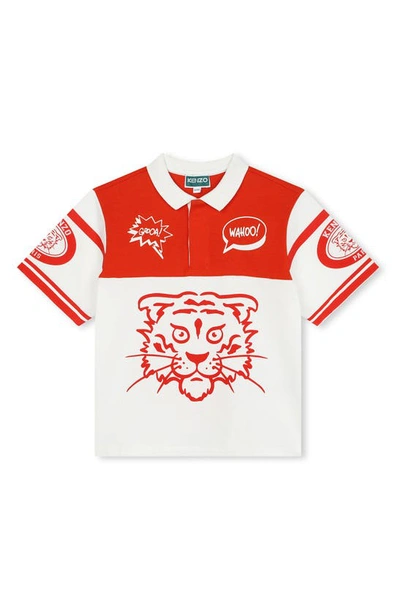 Kenzo Kids' Logo-print Cotton Polo Shirt In Ivory/red