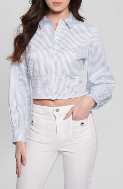 Guess Women's Monica Striped Cropped Button Front Top In Pure White,arctic Sky Combo