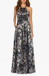 Betsy & Adam Metallic Floral Halter Gown In Navy/ Gunmetal