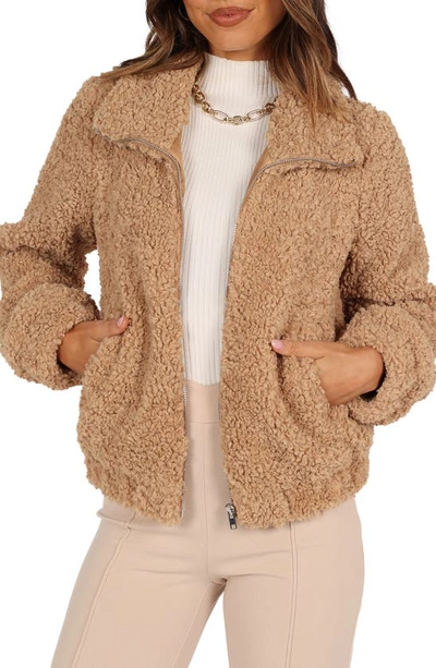 Petal And Pup Lucia Faux Fur Zip-up Jacket In Camel